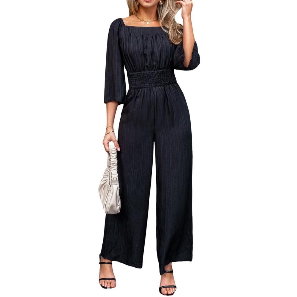 Brand New CUPSHE Black Woven Jumpsuit Square Neck Smocked Waist Romper Office